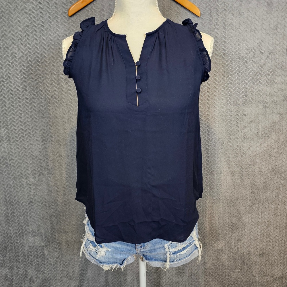 Loft Outlet Navy Blue Sleeveless Ruffle Trim Split V-Neck Blouse XXSP‎ Petite
